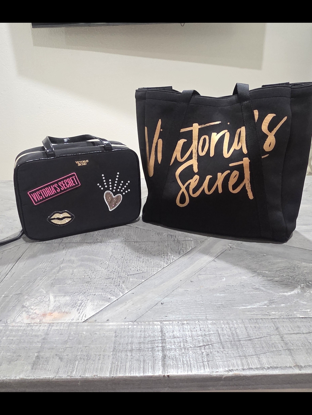 Victoria's Secret Black Tote and Black Cosmetic Bag with Rose Gold Logo